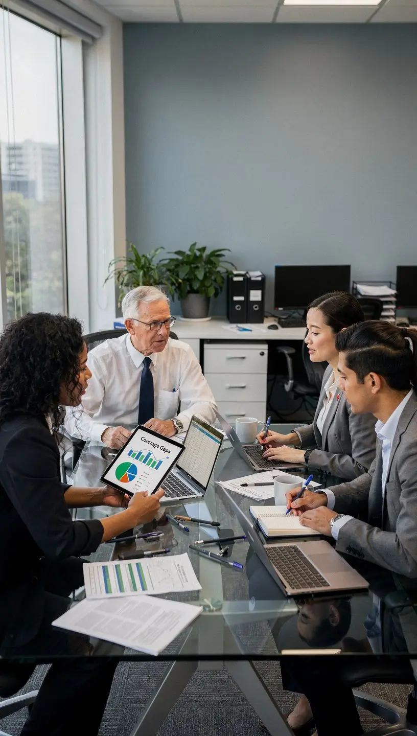 Zespół ekspertów omawiający kwestie ubezpieczeniowe w sali konferencyjnej.